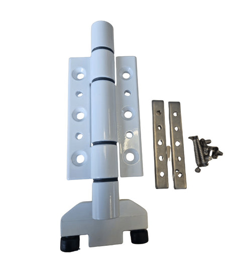 White door hinge assembly with additional metal components on a white background